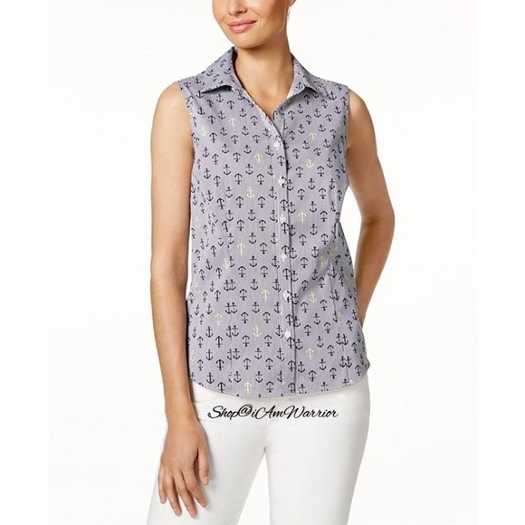 Charter Club pinstripe anchor print collared sleeveless button down top - Picture 1 of 11